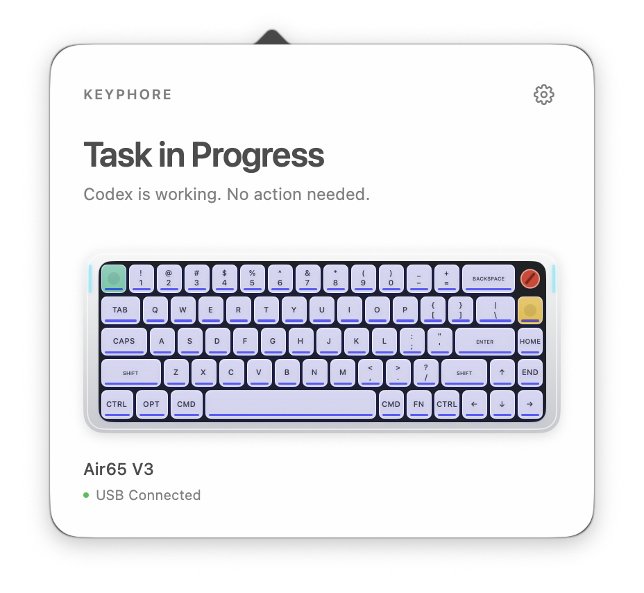 Keyphore menu bar app showing a task in progress and Air65 V3 connected over USB